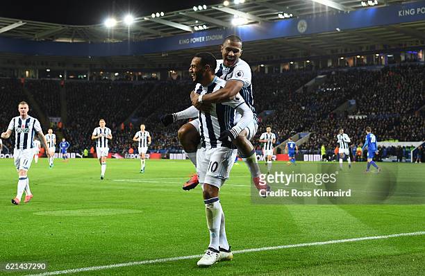 Matt Phillips of West Bromwich Albion celebrates after scoring his sides second goal with Jose Salomon Rondon of West Bromwich Albion during the...