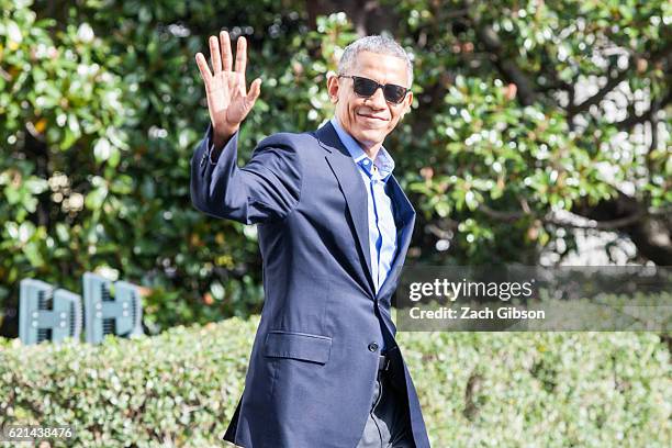 President Barack Obama waves as he exits The White House before boarding Marine One on November 6, 2016 in Washington, DC. President Obama will...