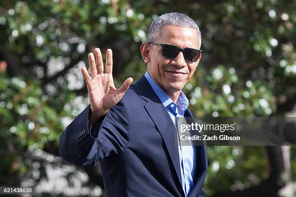 President Barack Obama waves as he exits The White House before boarding Marine One on November 6, 2016 in Washington, DC. President Obama will...