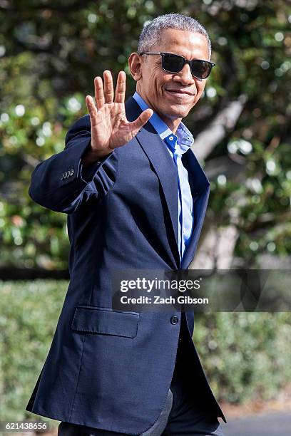 President Barack Obama waves as he exits The White House before boarding Marine One on November 6, 2016 in Washington, DC. President Obama will...
