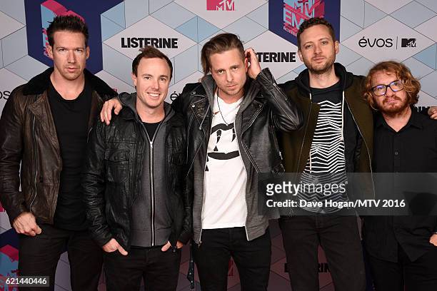 Zach Filkins, Ryan Tedder, Eddie Fisher, Brent Kutzle and Drew Brown of One Republic attend the MTV Europe Music Awards 2016 on November 6, 2016 in...