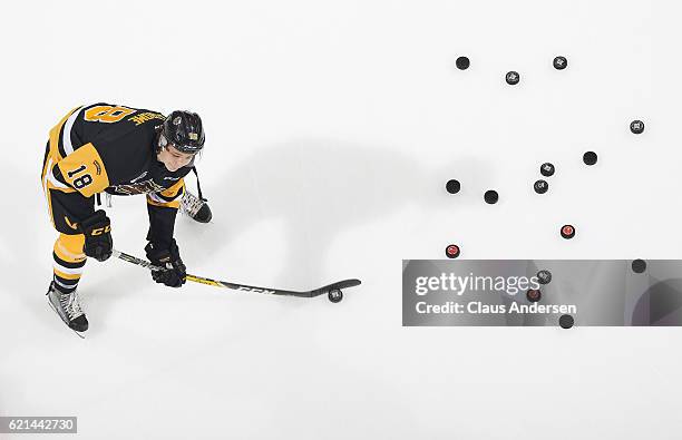 Matthew Strome of the Hamilton Bulldogs fires shots during the warm-up prior to play against the London Knights in an OHL game at Budweiser Gardens...