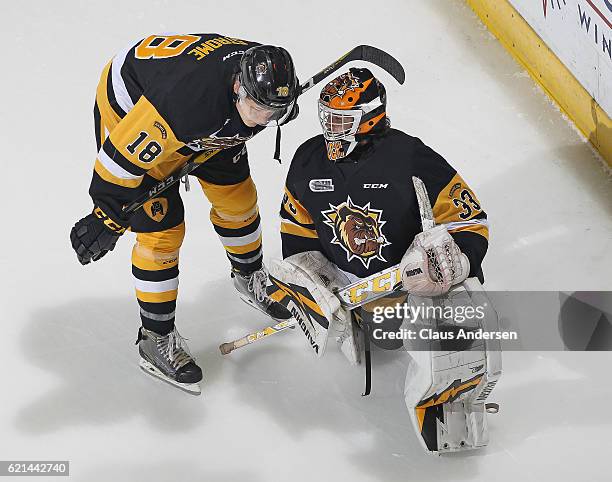 Matthew Strome and Kaden Fulcher of the Hamilton Bulldogs chat during the warm-up prior to play against the London Knights in an OHL game at...