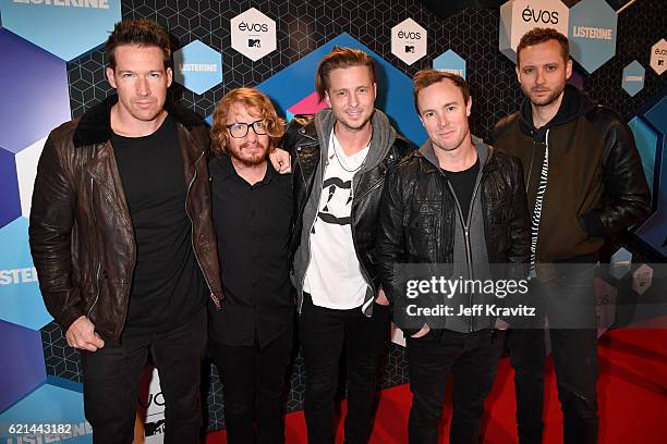 Zach Filkins, Ryan Tedder, Eddie Fisher, Brent Kutzle and Drew Brown of One Republic attend the MTV Europe Music Awards 2016 on November 6, 2016 in...