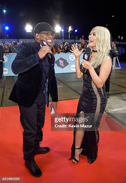 Bebe Rexha and Sway present on the red carpet at the MTV Europe Music Awards 2016 on November 6, 2016 in Rotterdam, Netherlands.