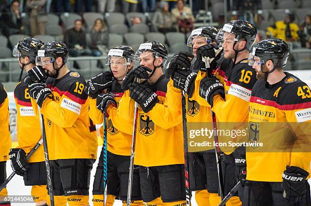 Team Germany looks dejected after the match of the Deutschland Cup between Germany and Canada on November 06 at Curt Frenzel Stadium in Augsburg,...