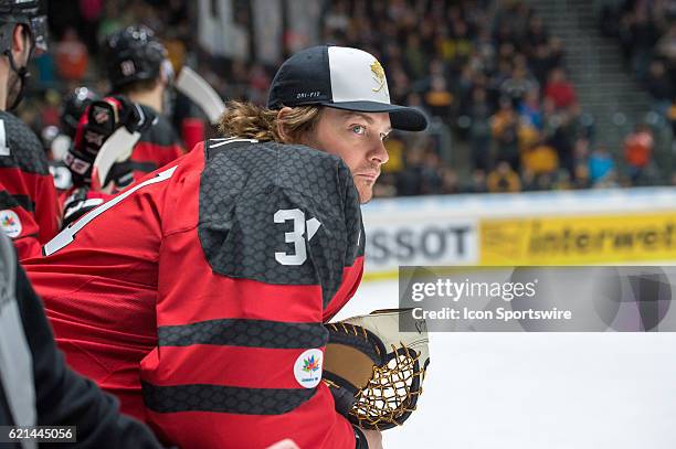 Goalie Barry Brust looks on during the Deutschland Cup between Germany and Canada on November 06 at Curt Frenzel Stadium in Augsburg, Germany.