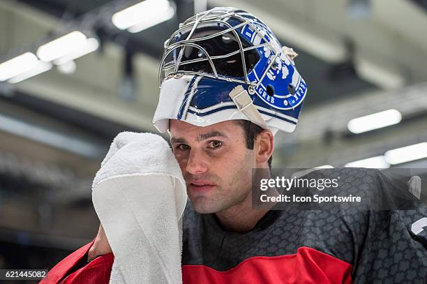Goalie Danny Taylor takes a breather during the commercial break of the Deutschland Cup between Germany and Canada on November 06 at Curt Frenzel...