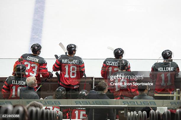 Team Canada bench during the Deutschland Cup between Germany and Canada on November 06 at Curt Frenzel Stadium in Augsburg, Germany.