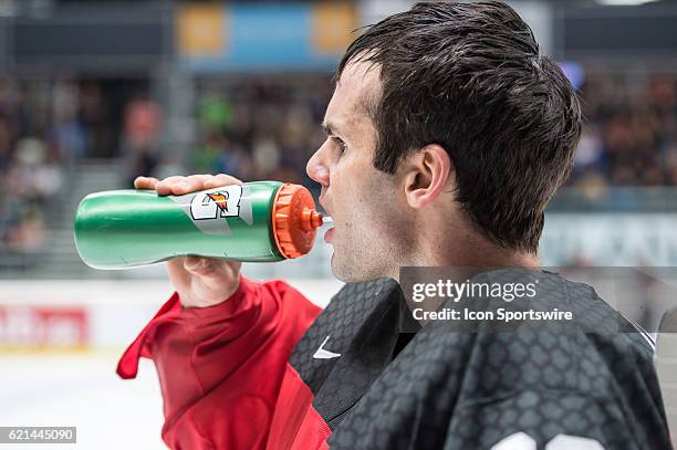 Goalie Danny Taylor takes a breather and some water during time out during the Deutschland Cup between Germany and Canada on November 06 at Curt...