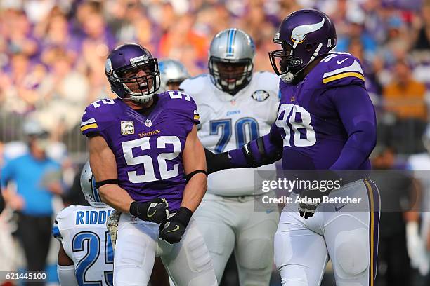 Chad Greenway of the Minnesota Vikings celebrates a tackle during the first quarter of the game on November 6, 2016 at US Bank Stadium in...