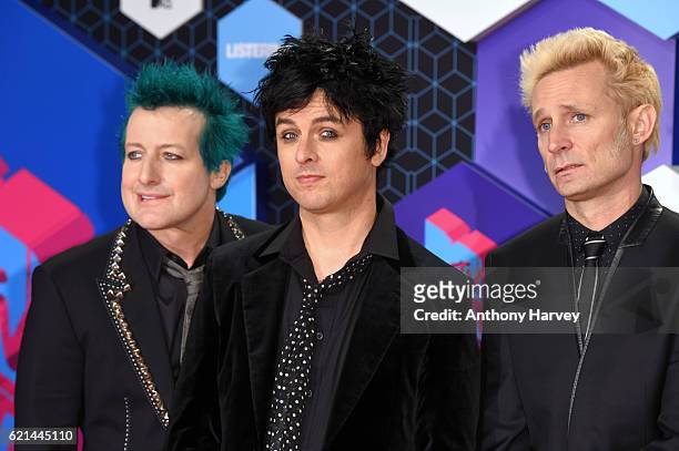 Tre Cool, Billie Joe Armstrong and Mike Dirnt of Green Day attend the MTV Europe Music Awards 2016 on November 6, 2016 in Rotterdam, Netherlands.