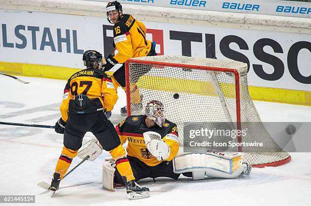 Derek Roy scores a goal against Goalie Niklas Treutle during the Deutschland Cup between Germany and Canada on November 06 at Curt Frenzel Stadium in...