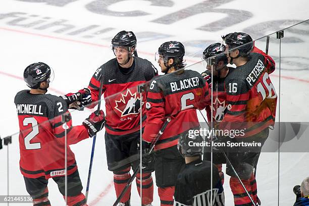 Greg Scott celebrate a goal with teammates during the Deutschland Cup between Germany and Canada on November 06 at Curt Frenzel Stadium in Augsburg,...