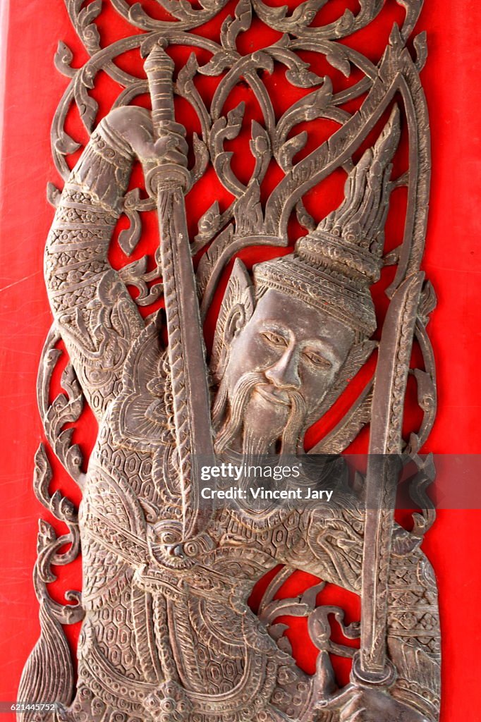 Warrior guard woodcut carving Bangkok Thailand