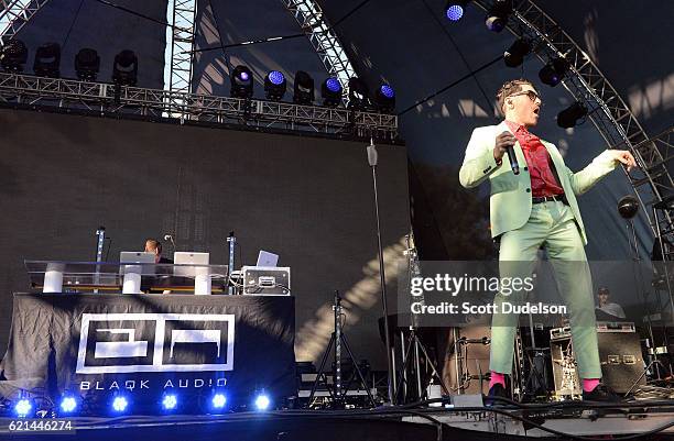 Musicians Davey Havok and Jade Puget of the band AFI perform onstage with their side project Blaqk Audio during the Beach Goth Festival at The...