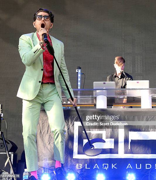 Musicians Davey Havok and Jade Puget of the band AFI perform onstage with their side project Blaqk Audio during the Beach Goth Festival at The...