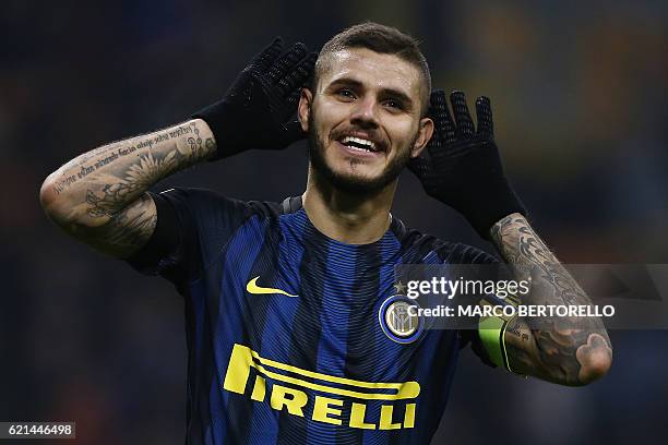 Inter Milan's forward Mauro Emanuel Icardi from Argentina celebrates after scoring during the Italian Serie A football match Inter Milan Vs Crotone...