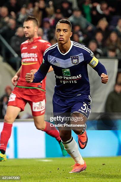 Anderlecht, Belgium Youri Tielemans midfielder of RSC Anderlecht celebrates scoring the equalising goal pictured during the Jupiler Pro League match...