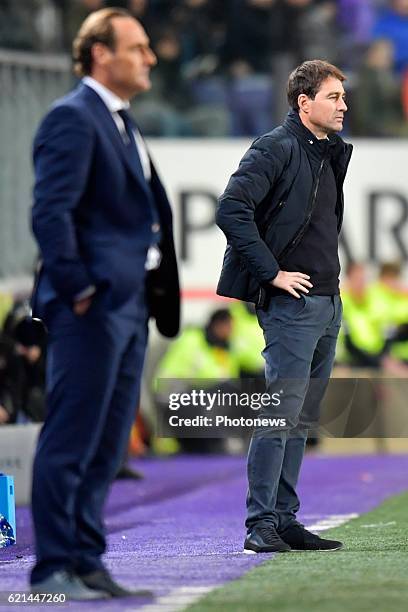 Anderlecht, Belgium Rene Weiler head coach of RSC Anderlecht and Yves Vanderhaeghe Head Coach of KV Oostende look on during the Jupiler Pro League...