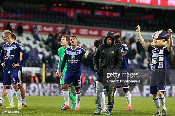 Anderlecht, Belgium Sofiane Hanni midfielder of RSC Anderlecht and Youri Tielemans midfielder of RSC Anderlecht pictured during the Jupiler Pro...