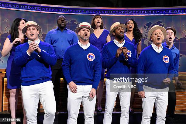 Benedict Cumberbatch" Episode 1709 -- Pictured: Chicago Cubs players Anthony Rizzo, David Ross, and Dexter Fowler sing with Bill Murray during...