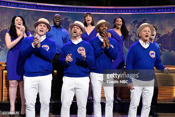 Benedict Cumberbatch" Episode 1709 -- Pictured: Chicago Cubs players Anthony Rizzo, David Ross, and Dexter Fowler sing with Bill Murray during...