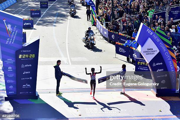 Athlete Mary Keitany wins the Women's Championship with TAG Heuer Official Timekeeper for The New York City Marathon on November 6, 2016 in New York...