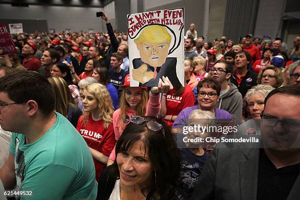 Supporter holds up a painting of Republican presidential nominee Donald Trump during a campaign rally at the Sioux City Convention Center November 6,...