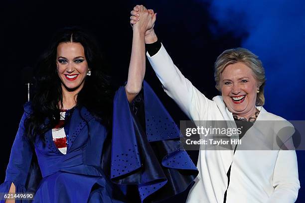 Katy Perry and Hillary Clinton attend a GOTV rally at Mann Center For Performing Arts on November 5, 2016 in Philadelphia, Pennsylvania.