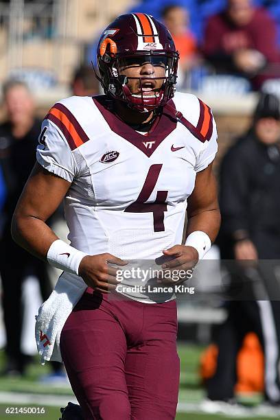 Jerod Evans of the Virginia Tech Hokies warms up prior to their game against the Duke Blue Devils at Wallace Wade Stadium on November 5, 2016 in...