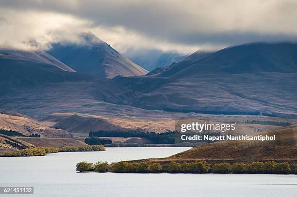 lake alexandrina in cloudy sky - new zealand yellow stock-fotos und bilder