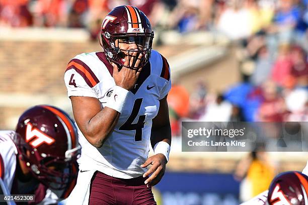 Jerod Evans of the Virginia Tech Hokies prepares to take a snap against the Duke Blue Devils at Wallace Wade Stadium on November 5, 2016 in Durham,...