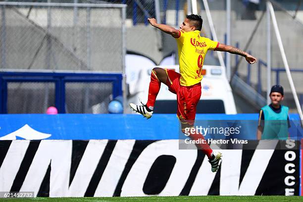 Raul Ruidiaz of Morelia celebrates after scoring the first goal of his team during the 16th round match between Pumas UNAM and Morelia as part of the...
