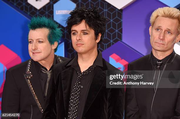 Tre Cool, Billie Joe Armstrong and Mike Dirnt of Green Day attend the MTV Europe Music Awards 2016 on November 6, 2016 in Rotterdam, Netherlands.