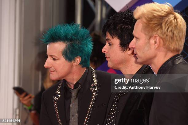 Tre Cool, Billie Joe Armstrong and Mike Dirnt of Green Day attend the MTV Europe Music Awards 2016 on November 6, 2016 in Rotterdam, Netherlands.