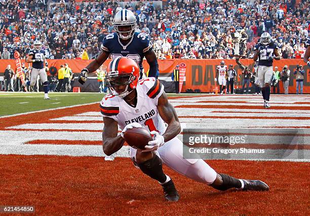 Terrelle Pryor of the Cleveland Browns catches a 12 yard touchdown pass in the first half against the Dallas Cowboys at FirstEnergy Stadium on...