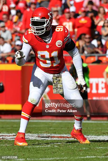 Outside linebacker Tamba Hali of the Kansas City Chiefs signals at the bench before a play agains the Jacksonville Jaguars at Arrowhead Stadium...