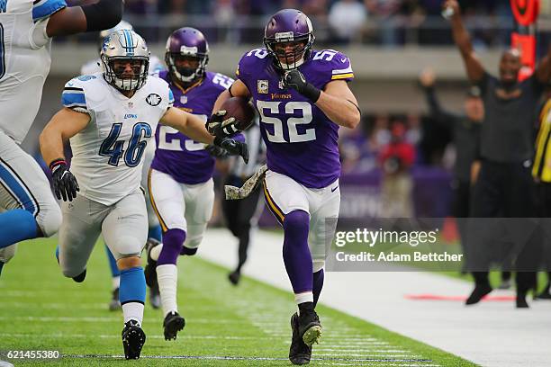 Chad Greenway of the Minnesota Vikings runs down the sideline after an interception during the first half of the game on November 6, 2016 at US Bank...