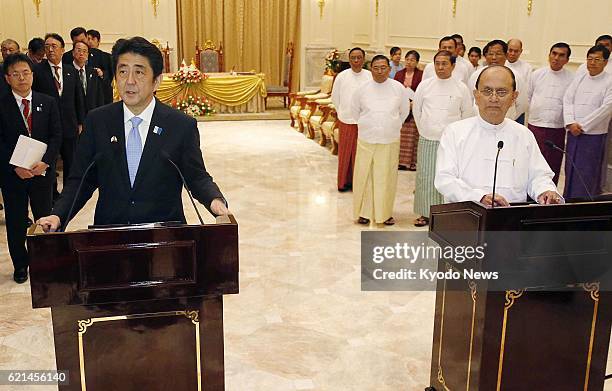 Myanmar - Japanese Prime Minister Shinzo Abe and Myanmar President Thein Sein hold a joint press conference in Naypyitaw, Myanmar, on May 26, 2013.