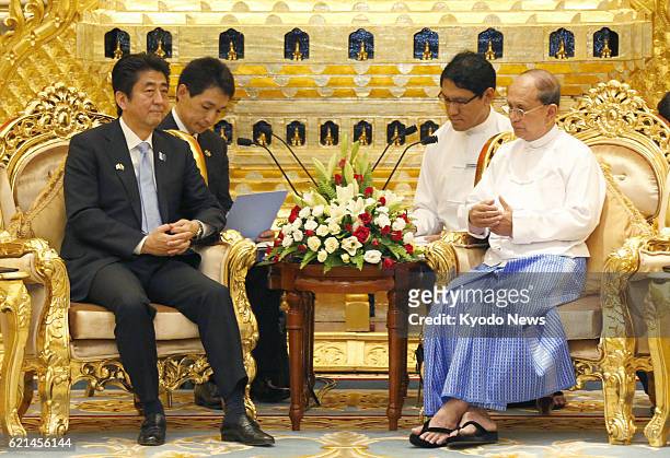 Myanmar - May 26 Kyodo - Japanese Prime Minister Shinzo Abe and Myanmar President Thein Sein hold talks in Naypyitaw, Myanmar, on May 26, 2013.