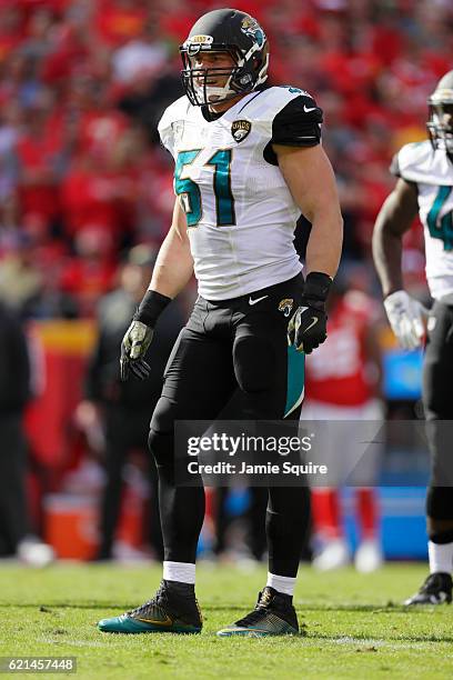 Middle linebacker Paul Posluszny of the Jacksonville Jaguars looks at the Kansas City Chiefs alignment at Arrowhead Stadium during the first quarter...