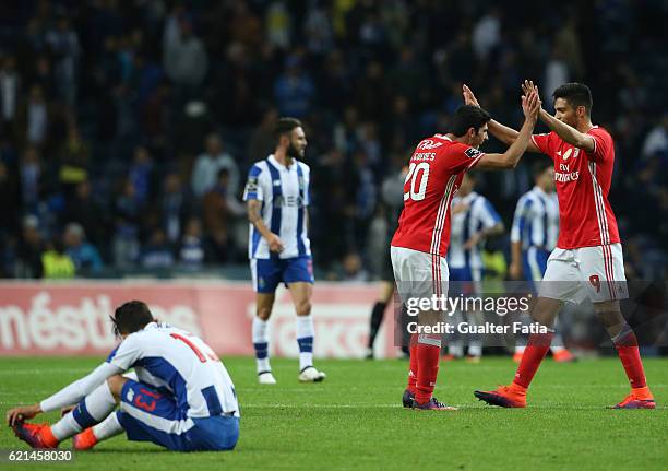 Benfica's midfielder Goncalo Guedes and SL Benfica's forward from Mexico Raul Jimenez celebrate the draw at the end of the Primeira Liga match...