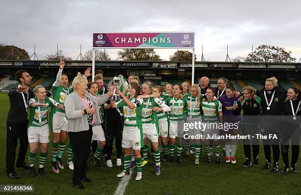 Yeovil Town Ladies players receive the trophy after the WSL 2 Match between Yeovil Town Ladies and Sheffield FC Ladies at Huish Park on November 6,...