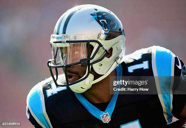 Joe Webb of the Carolina Panthers warms up before the game against the Los Angeles Rams at the Los Angeles Coliseum on November 6, 2016 in Los...