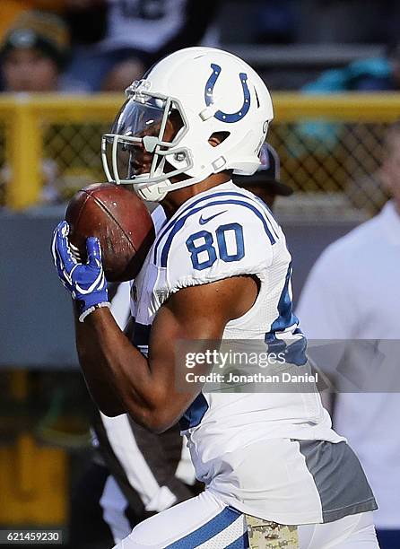 Chester Rogers of the Indianapolis Colts particiaptes in warm-ups before a game against the Green Bay Packers at Lambeau Field on November 6, 2016 in...