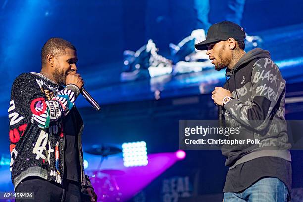 Usher and Chris Brown perform at Real 92.3's The Real Show at The Forum on November 5, 2016 in Inglewood, California.