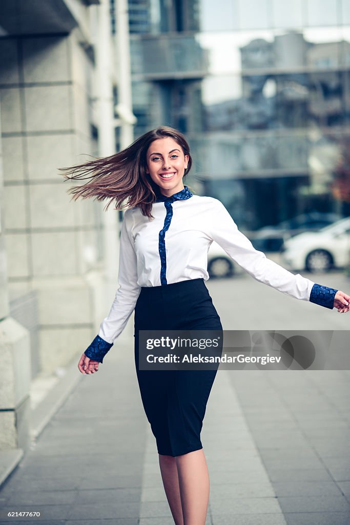 Happy Businesswoman how Dancing Outdoors on City Street
