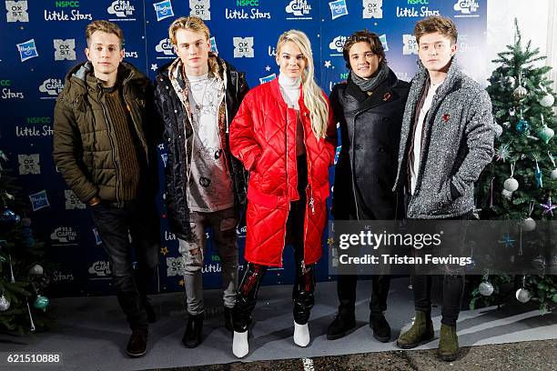 Tristan Evans, James McVey, Louisa Johnson, Bradley Simpson and Connor Ball attend the Oxford Street Christmas Lights switch on at Oxford Street on...