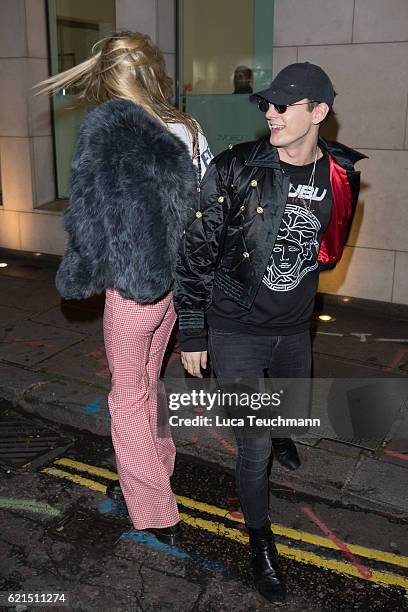 Andreja Pejic and Damon Baker are seen leaving the COMO Metropolitan London hotel on November 6, 2016 in London, England.